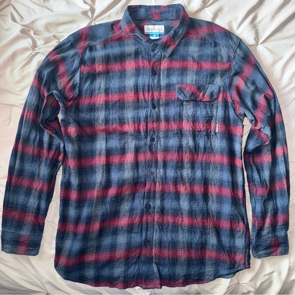 COLUMBIA Men’s Weston Pass Flannel Shirt‎ XL Blue Red Omni-Wick Long Sleeve